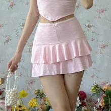 AC115欧美跨境夏季新款少女清纯风双层裙摆粉色镂空紧身半身裙女