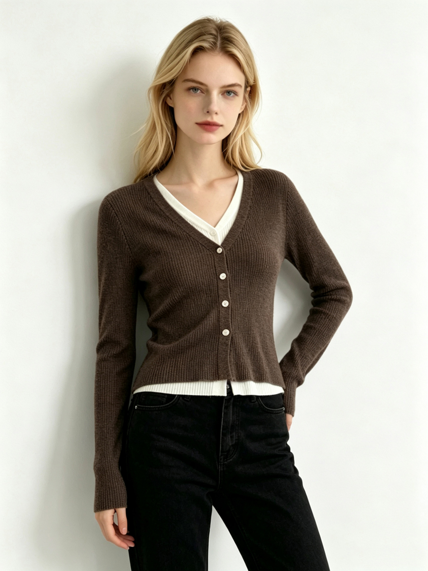 Russian Foreign Trade Clothing Fake Two-Piece Knitted Cardigan for Women, New Autumn and Winter Long-Sleeve V-Neck Stylish Base Top