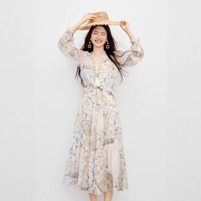 Women's Beach Vacation Dress 2026 Spring/Summer New Style with Tassels, Lace-Up, Beaded Drawstring, Floral Chiffon Dress