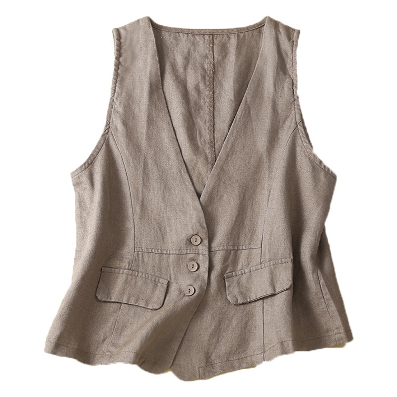 Tres estaciones artístico Lino chaleco verano cuello v cuello casual sin mangas de algodón y lino chaleco exterior fino abrigo image 1