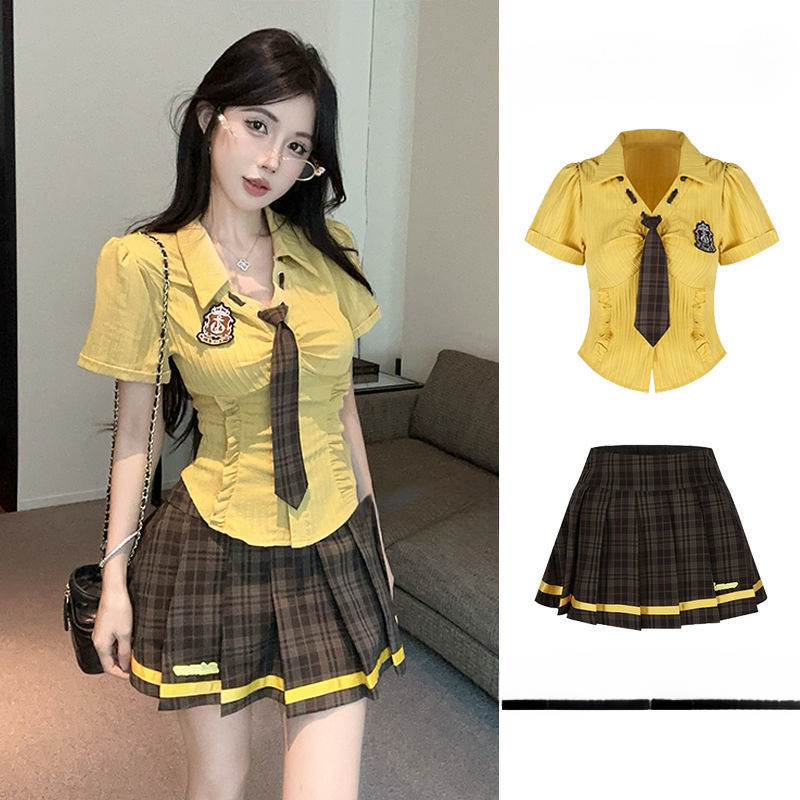 American Sweet Suit Summer Slimming Look Pure Lust Preppy Style Shirt Top + Skirt Two-Piece Set for Women