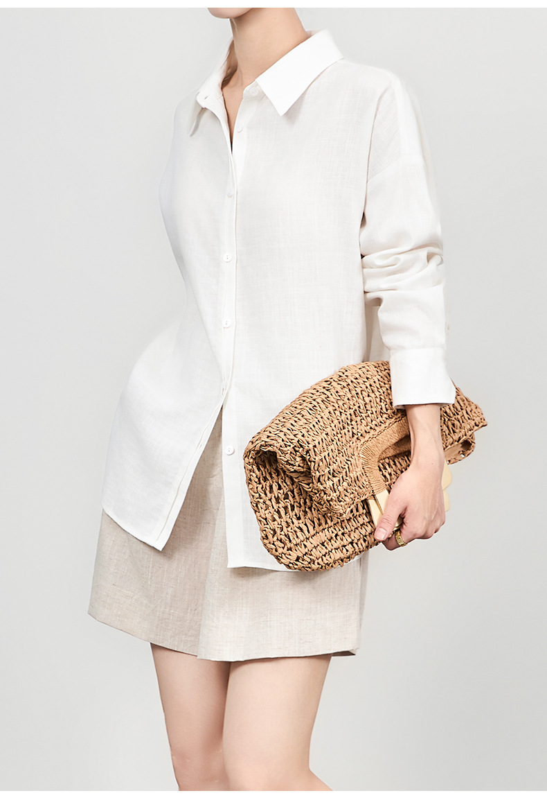Áo sơ mi nữ linen tay dài cổ bẻ phong cách tiền cũ — Màu trắng chi tiết 12