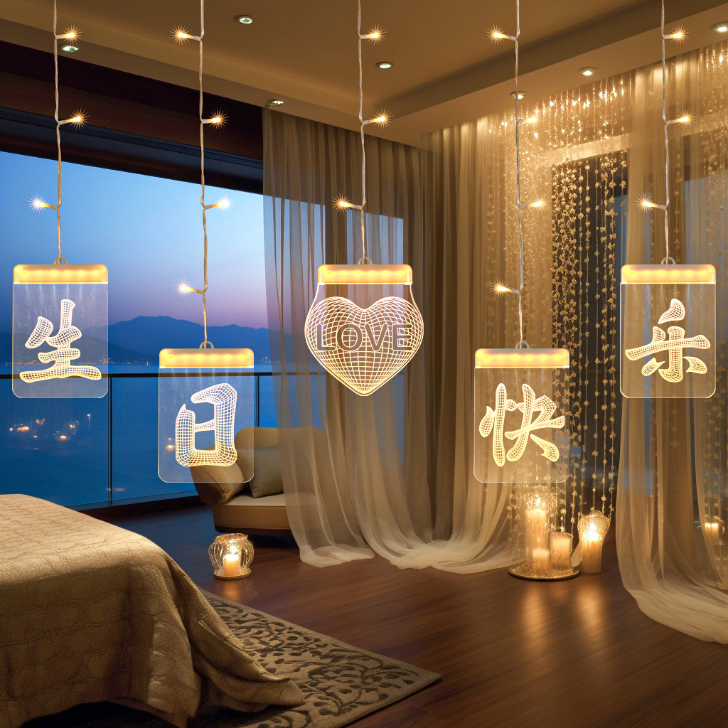 生日快乐LED灯串爱心窗帘灯庆生梦幻房间装饰灯发光字母冰条挂灯