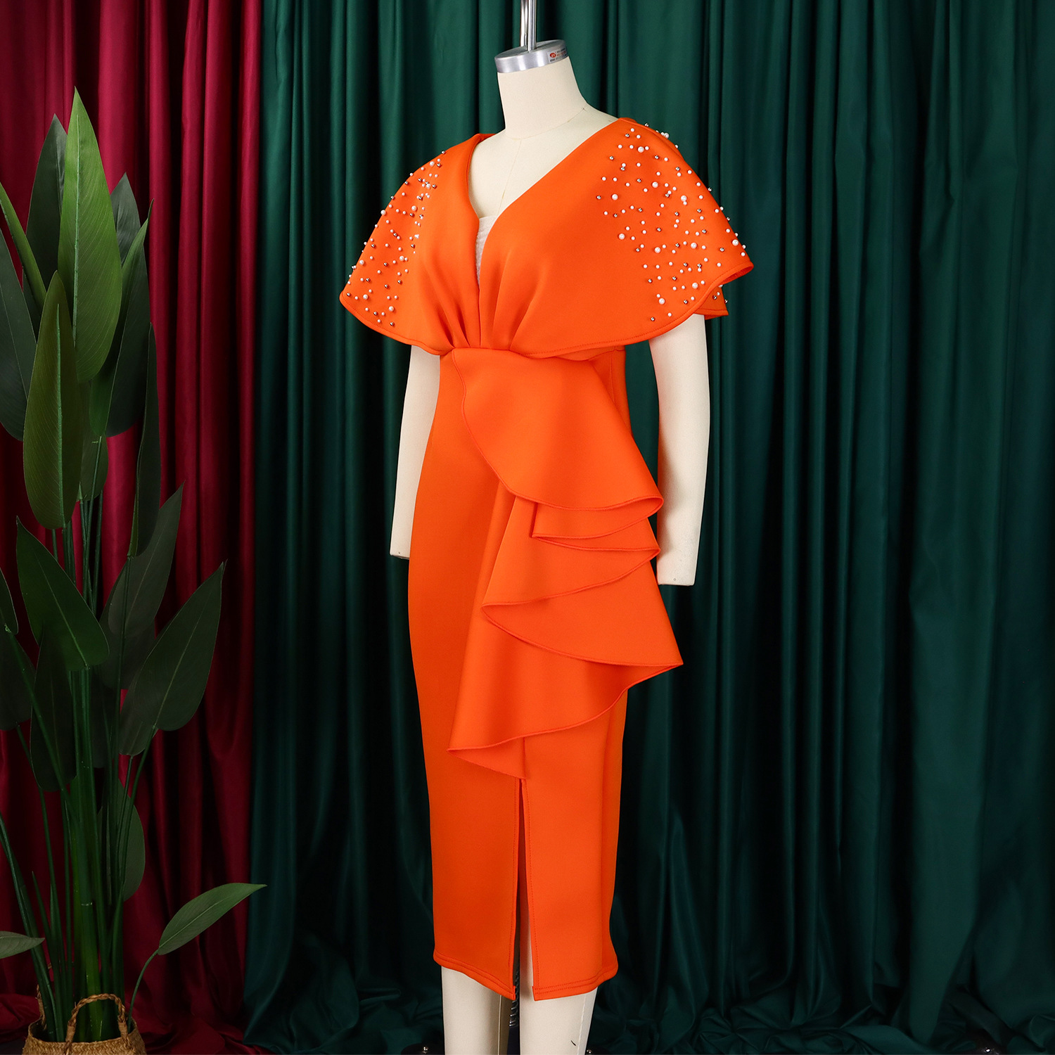 Robe de soirée sexy à col en V et à volants avec fente perlée, robe de banquet de tempérament de célébrité_voghion.com