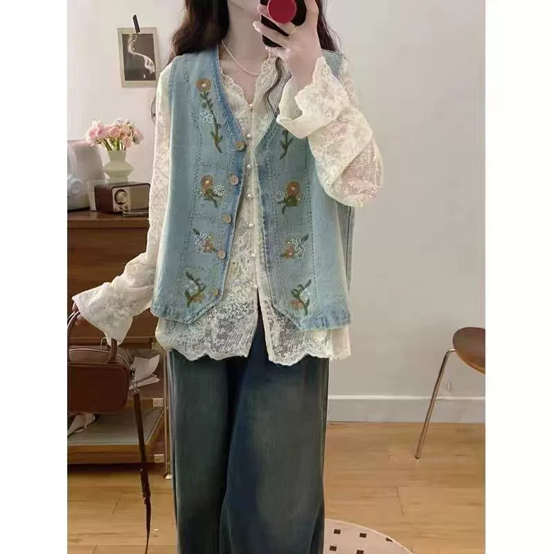 Корейский стиль вышитый джинсовый/хлопковый жилет 2025 лето новый этнический стиль универсальный жилет свободная верхняя одежда