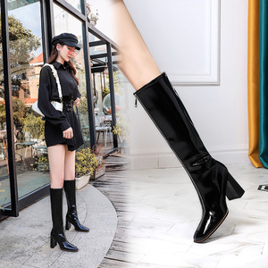 2662-1 the European and American wind fashion sexy club before the glossy patent leather boots zipper square chain decor