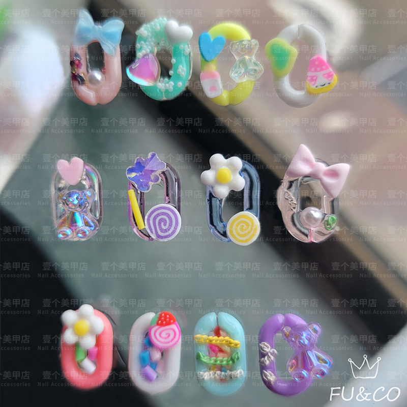 Fu Ke's new nail art trinkets ~ ins cute wind ice through candy jelly ring buckle diy nail art flat drill