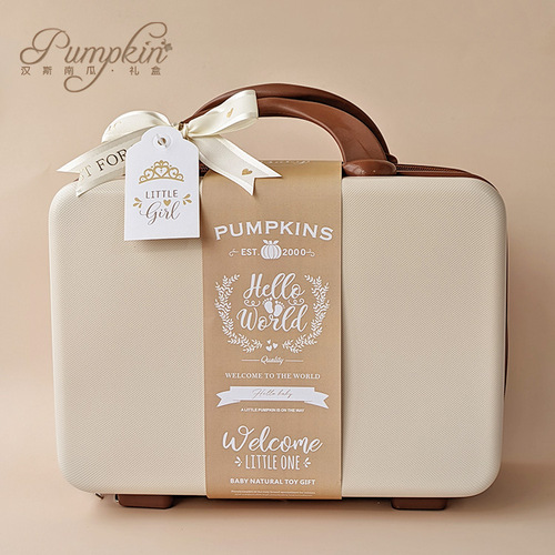 Baby gift set for newborn girls, beige clothing set, wood carved suitcase, 100th day birthday gift, meet and greet item