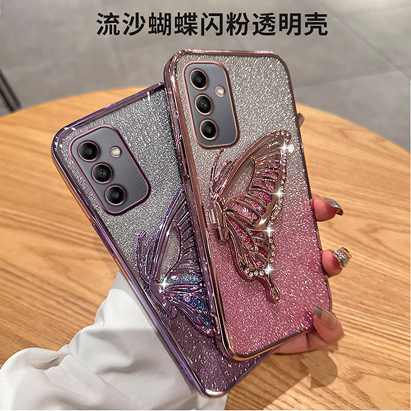 Suitable for Samsung A17 Mobile Phone Case S23 Electroplated Glitter M15 Diamond Quicksand A73 Butterfly Stand A22S Protective Cover