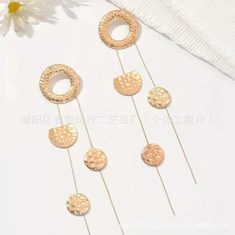 欧美跨境时尚不规则几何锤纹圆形流苏耳坠个性创意复古流苏女耳饰