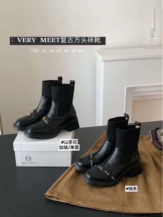 Very Meet Retro Square Toe Socks Boots Fleece-Lined Knitted Splicing Short Boots Women's Shoes Korean High-Heeled Boots