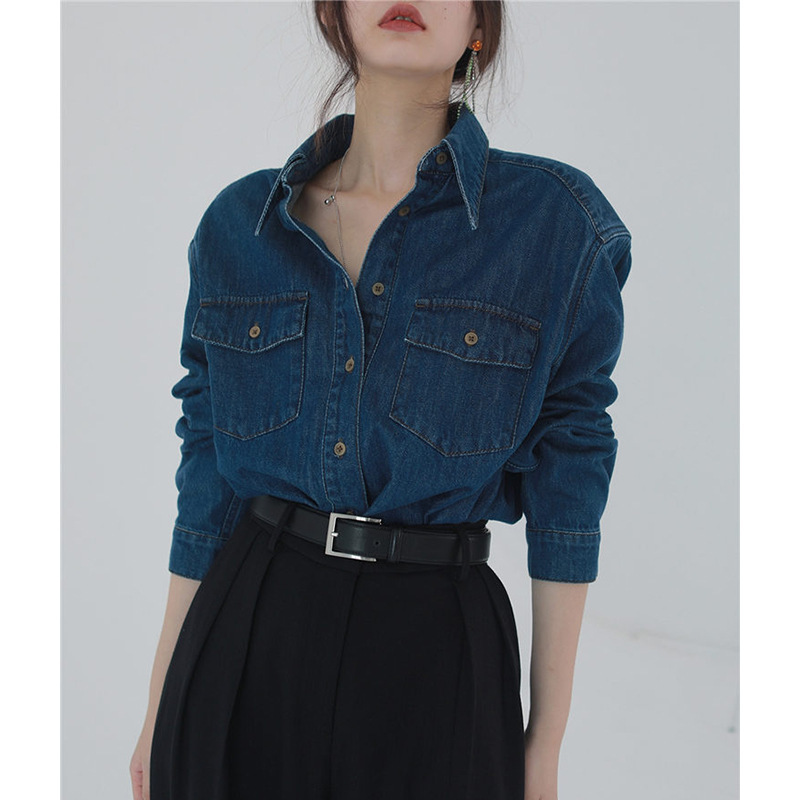 Big Brand Quality Fall/Winter Double Wear bi-equipped Long-sleeved Denim Shirt Women's Design Sense Niche Chic Elegance