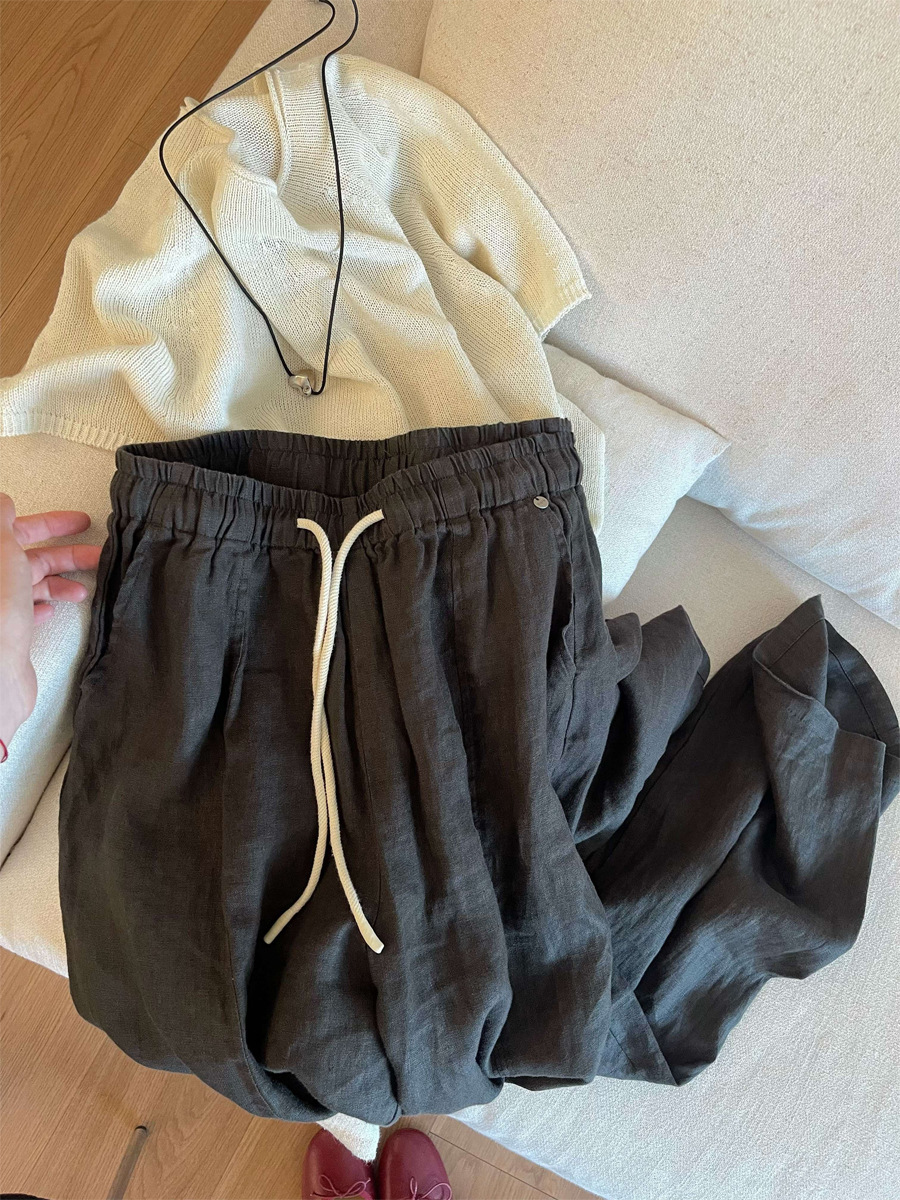 Quần culottes nữ ống rộng vải lanh cao eo dáng rộng thoải mái — màu xám