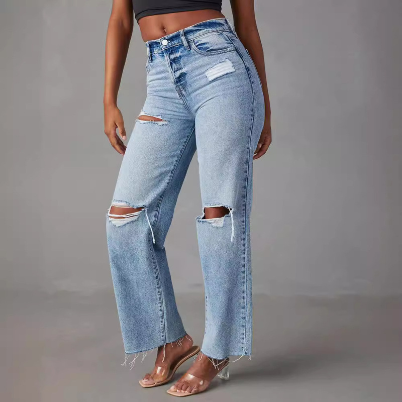 Ripped Raw Edge Jeans New European and American Casual Washed Women's Straight Pants Raw Edge High Waist Jeans Ripped Raw Edge Jeans New European and American Casual Washed Women's Straight Pants Raw Edge High Waist Jeans