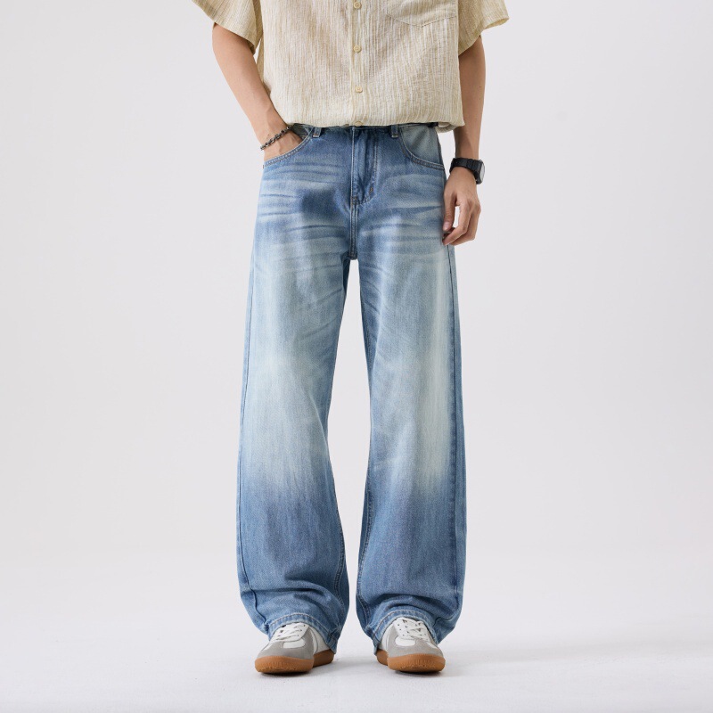 Foreign Trade American Retro Cleanfit Light-Colored Jeans for Men, Trendy Brand Straight Loose Wide-Leg Vibe Floor-Length Pants
