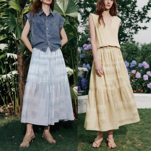 ELLE 波プリントスカート女性のための 2025 夏の新しい休暇弾性ウエストハイエンド気質 A ラインスカートロングスカート|undefined