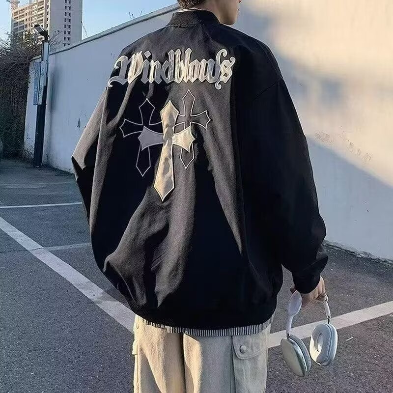 American-Style Cross and Heart Embroidery Baseball Jacket for Men and Women, Spring and Autumn Trendy Casual Sports Thin Jacket American-Style Cross and Heart Embroidery Baseball Jacket for Men and Women, Spring and Autumn Trendy Casual Sports Thin Jacket