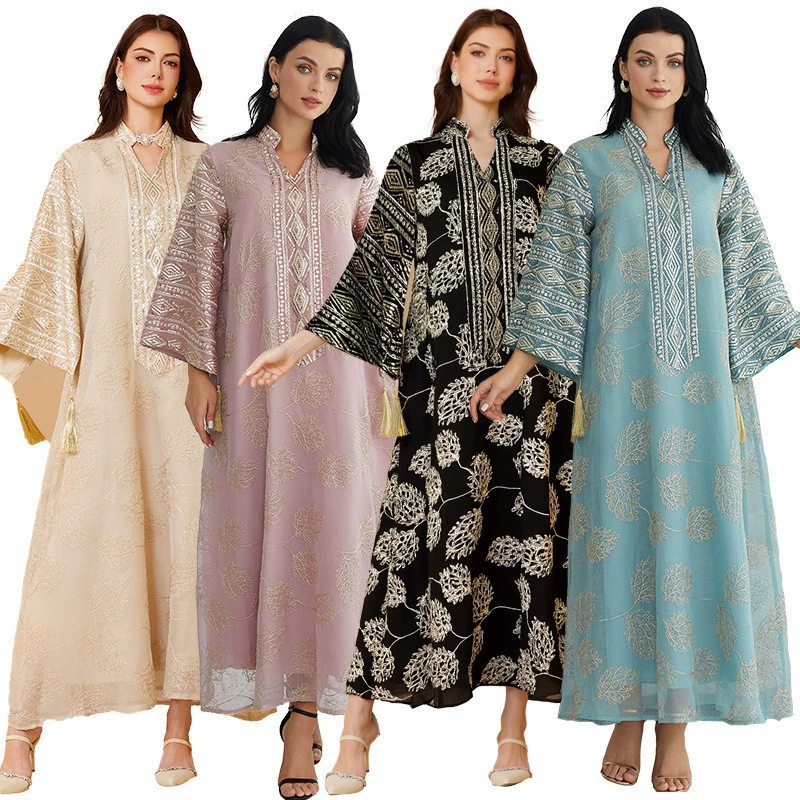 Популярное длинное платье-абайя для мусульманок с сетчатыми пайетками, в стиле ближневосточного халата