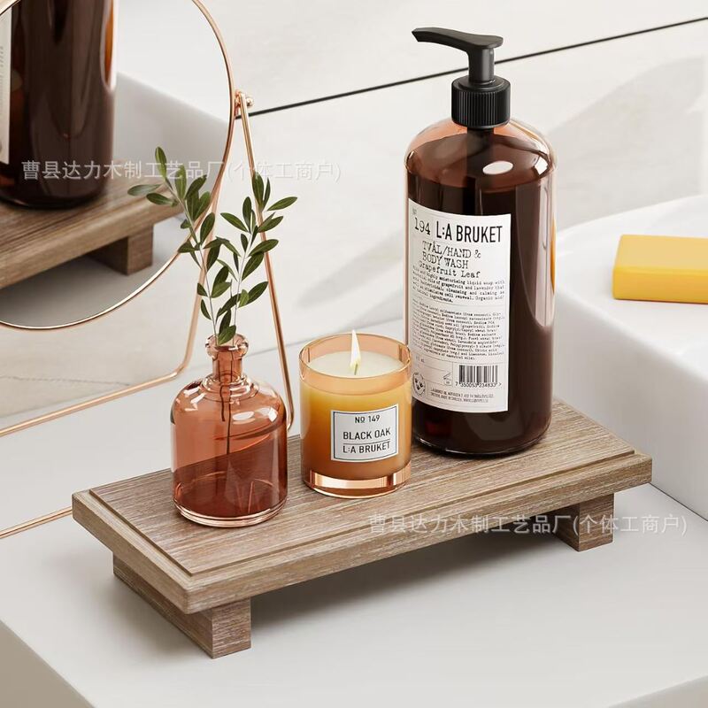 Wooden scented candle holder, bathroom countertop toiletries organizer, display tray, storage rack