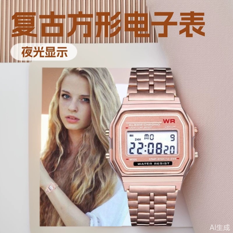 Popular Foreign Trade Square-Shaped Couple's Electronic Watch, Retro Steel Band Harajuku Style Watch, Multifunctional Led Electronic Watch