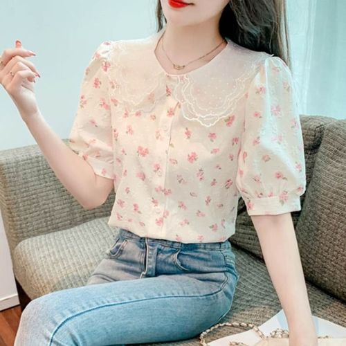 Lace Baby Collar Short Sleeve Floral Print Women's Summer Year Loose Slimming Chiffon Open Top Fashion