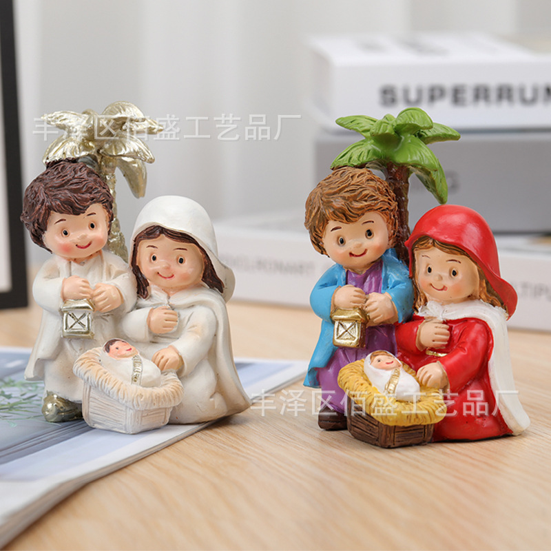 Santa Familia Cruzada Nacimiento de dibujos animados pesebre pequeño adornos creativos regalos de Navidad interior decoración de resina artesanía