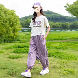 女童夏装短袖套装2024新款中大童洋气时髦T恤哈伦裤运动两件套潮