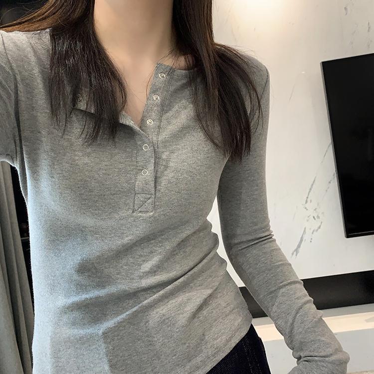 慕斯绒弹力打底衫亨利领扣子修身显瘦极简风长袖T恤25早秋G091113|undefined