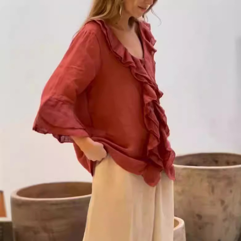 2024 estilo europeo y americano transfronterizo otoño color sólido nueva moda con cuello en V mangas voladoras con volantes suelta casual top mujer