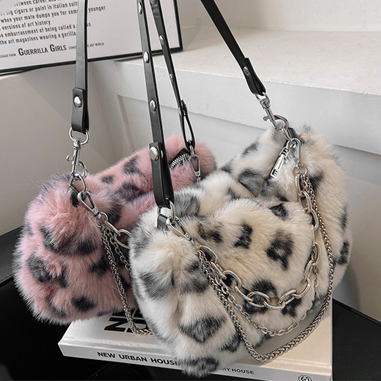 Fashionable Leopard Print Bag for Women, Rabbit Fur Handbag, Autumn and Winter Trendy Chain Crossbody Bag, Plush Bag
