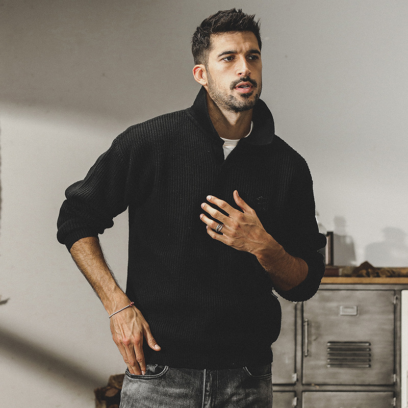 American-Style Heavyweight Retro Sweater, Men's Polo Collar Loose Knitwear, Spring and Autumn Trendy Brand Thick-Line Men's Clothing