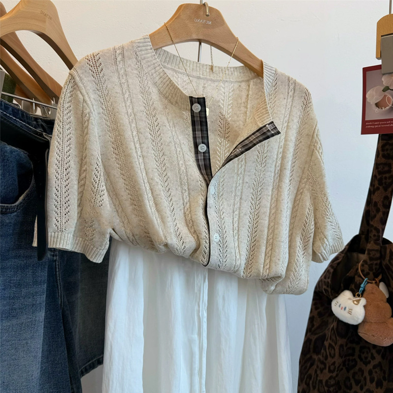 Elegant and Exquisite! Plaid Patchwork Lace-Up Pattern Short-Sleeve Knit Cardigan for Women, Korean Style Gentle Small Cardigan