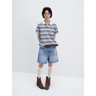 [Shixing] New Cotton Blended Slub Hemp Short-Sleeved Pullover Contrasting Color Casual Stripesd Polo Shirt Top V8960