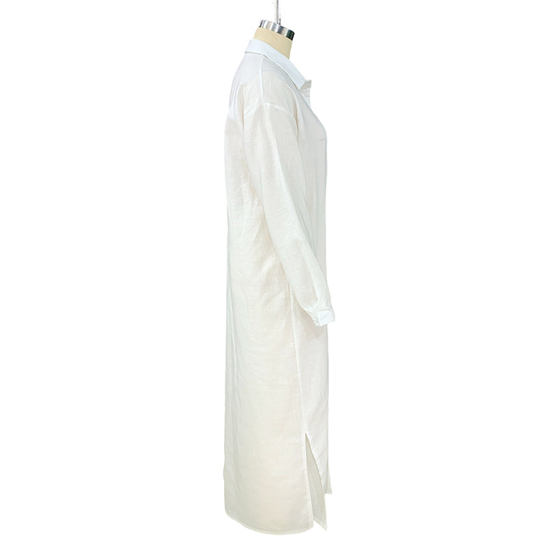 Fall Women Clothing Solid Color Loose Lapels Mid Length Cotton Linen Shirt Dress