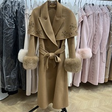 双面羊绒大衣女高级感狐狸毛袖口重工刺绣羊毛呢皮草外套中长款女