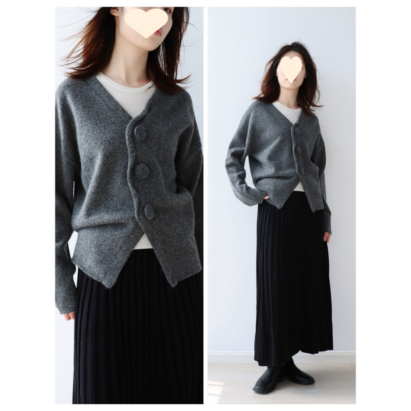 Handmade Origami Rolled-Edge Large Round Button Vintage Sweater Cardigan, Small Camel Wool Knit Coat, Loose Casual V-Neck Top
