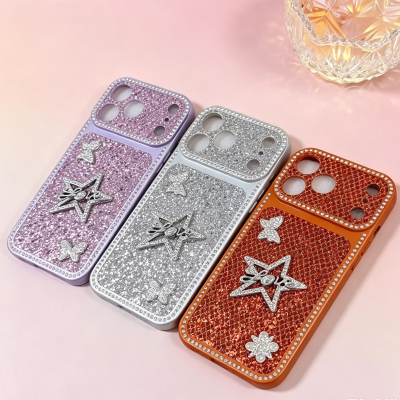 iPhone 16 Pro, Apple 17 new butterfly va star 13 himoya g'ildiragi uchun chegaralararo olmos bilan bezatilgan to'liq qopqoqli telefon g'ildiragi