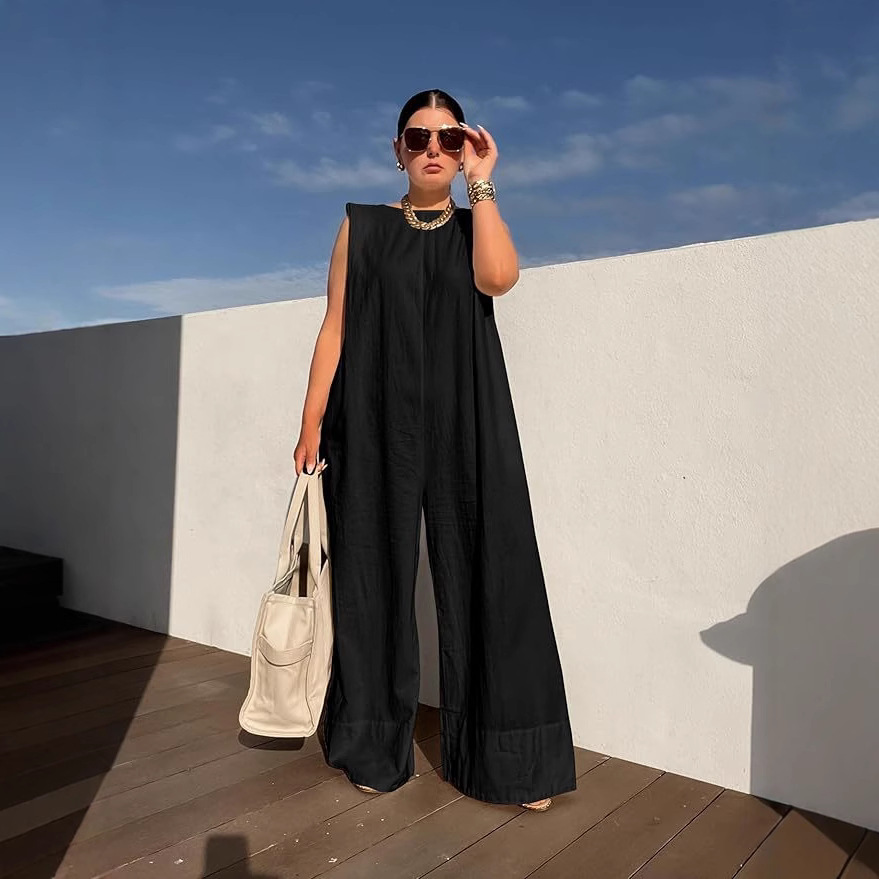 Tuta intera da donna a gamba larga, casual, tinta unita, modello unico._voghion.com