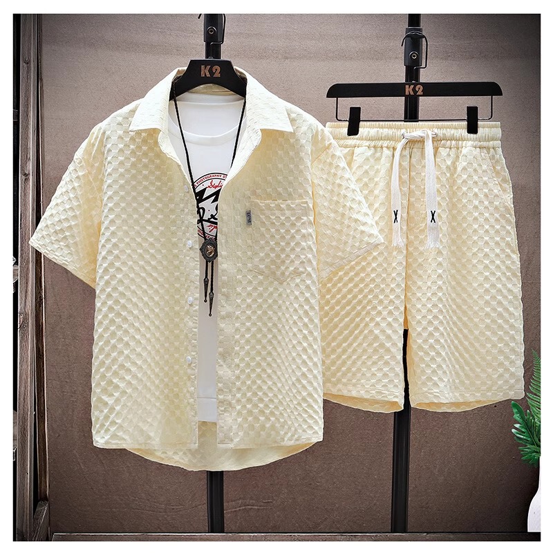 Summer Simple Suit for Men, Handsome and Fashionable Short-Sleeved Shirt and Shorts, a Set of Plaid Thin Sports and Leisure Two-Piece Set
