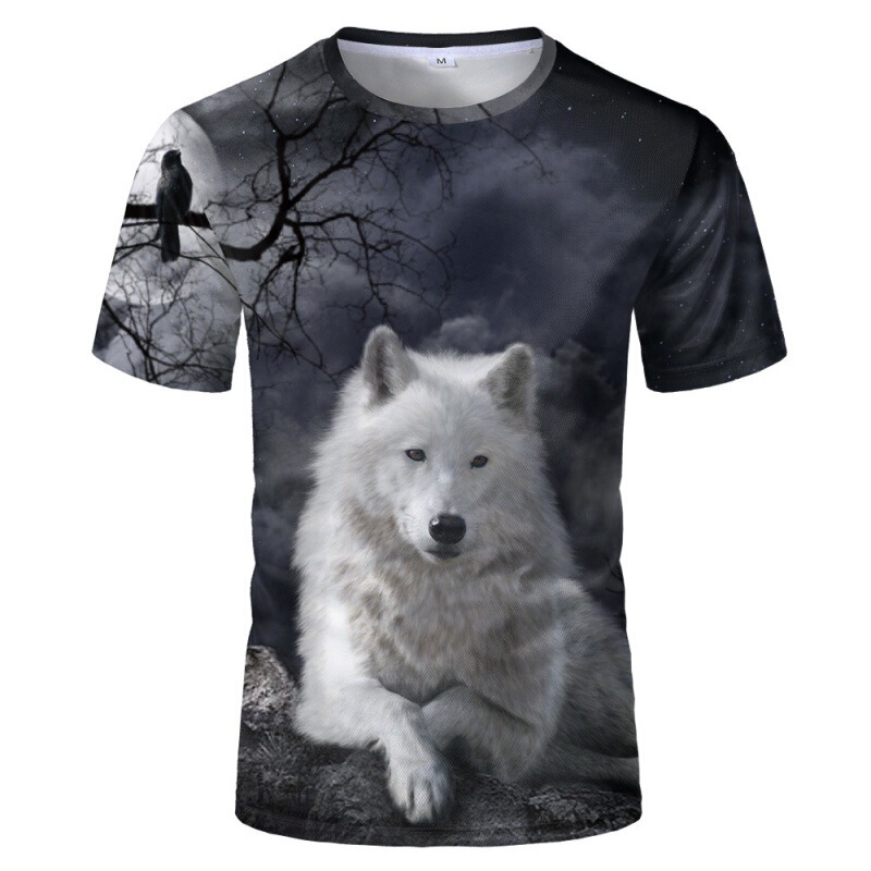 Foreign trade new white fox wolf head animal 3d printing short sleeve T-shirt personality men's loose trend bottoming shirt clothes