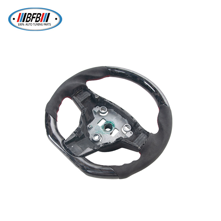 100% Real Carbon Fiber Forged Black Suede Steering Wheel with Red Stitching - For Tesla Model Y