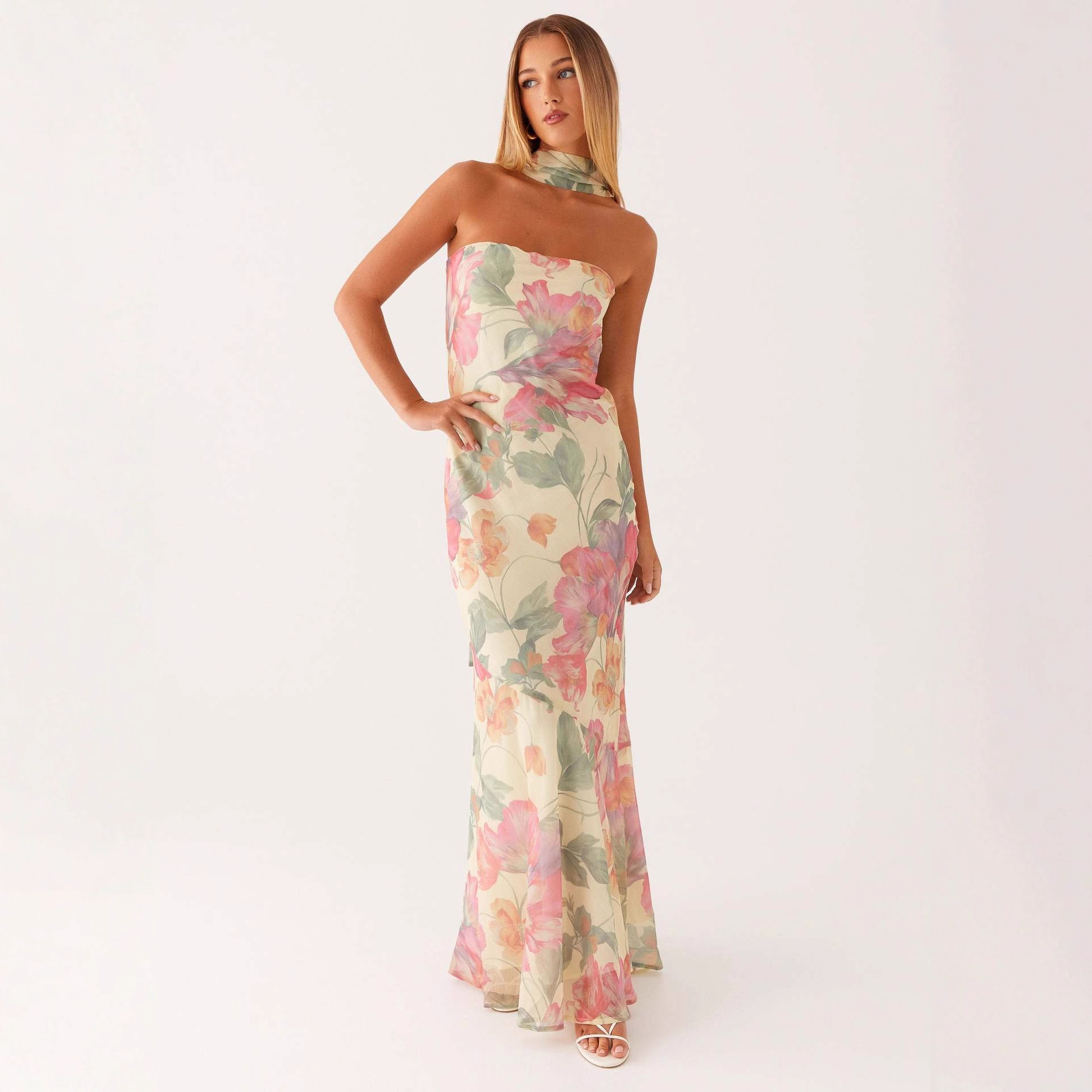 Cross-Border European and American Amazon 2025 Spring and Summer New Style Ladylike Satin Backless Tube Top Digital Printed Dress