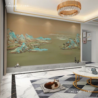 3D千里江山图壁纸长城壁画中式茶室山水国画电视背景墙纸客厅墙布