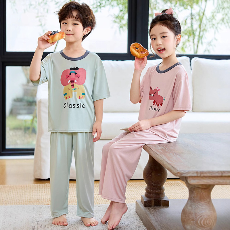 Boys' Pajamas 2026 Summer Thin Style Girls' Short-Sleeve Long Pants Children's Girls' Loungewear Big Kids Air Conditioning Clothing Simple Design
