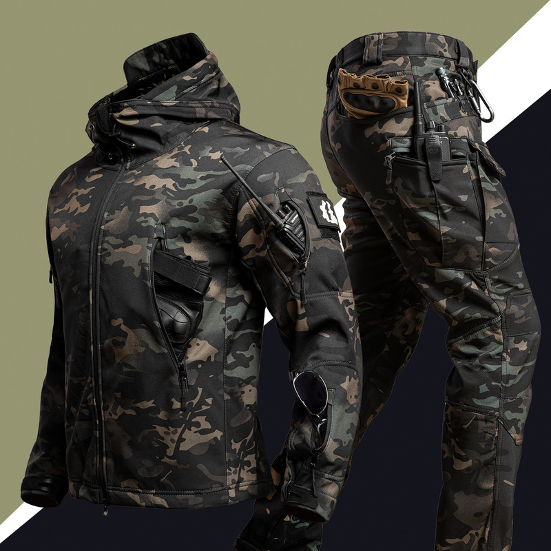 Camouflage Winter Outdoor Soft Shell Jacket Suit Men's Velvet Windproof Military Fan Tactical Jacket Mountaineering Suit to Protect Against Cold