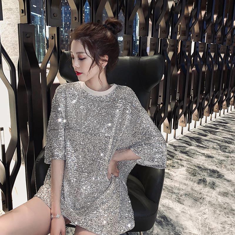 Korean STyle Spring and Summer Mid-lengTh bf STyle Loose Half-sleeved Sequin Heavy IndusTry T-shirT Top Shiny Loose Dress Korean STyle Spring and Summer Mid-lengTh bf STyle Loose Half-sleeved Sequin Heavy IndusTry T-shirT Top Shiny Loose Dress