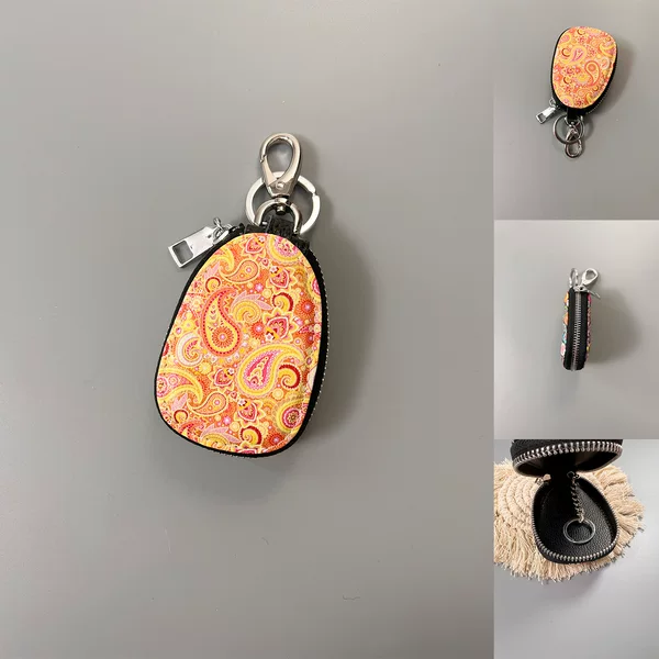 2026 New Genuine Leather Women's Key Bag, Vintage Ethnic Style, Fashionable Zipper Pendant, Car Key Color Print Women's Bag