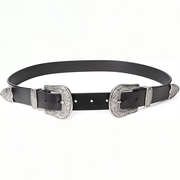 Double-Buckle Western-Style Belt for Women, Trendy and Unique Belt, Vintage Black Leather Belt, Versatile for Jeans and Pants