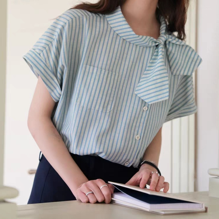 French Retro Asymmetrical Bow Tie Blouse for Women, New Summer Style with Diagonal Placket Design, Striped Short-Sleeve Shirt Top French Retro Asymmetrical Bow Tie Blouse for Women, New Summer Style with Diagonal Placket Design, Striped Short-Sleeve Shirt Top