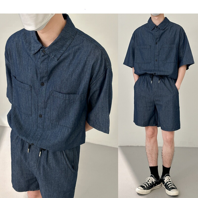 Light and Mature Style Summer Thin Denim Suit for Men, Stylish Washed Two-Piece Set with Half-Sleeve Shirt and Half-Length Pants, Casual and Versatile Light and Mature Style Summer Thin Denim Suit for Men, Stylish Washed Two-Piece Set with Half-Sleeve Shirt and Half-Length Pants, Casual and Versatile